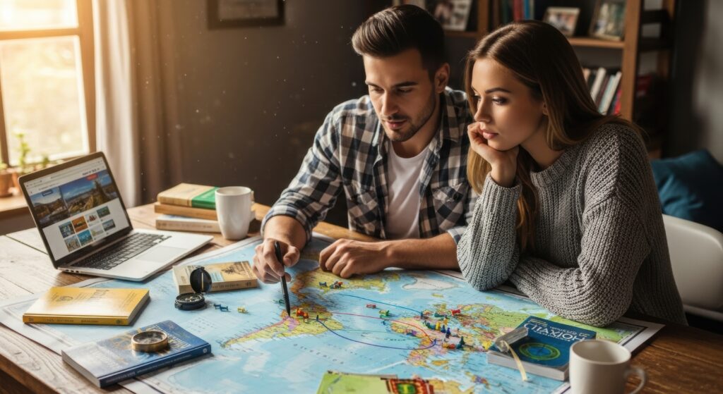 Pareja planificando viaje