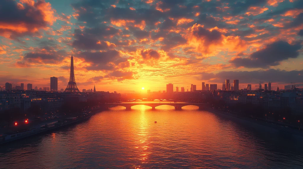 El horizonte de París al atardecer con la Torre Eiffel y el río Sena.