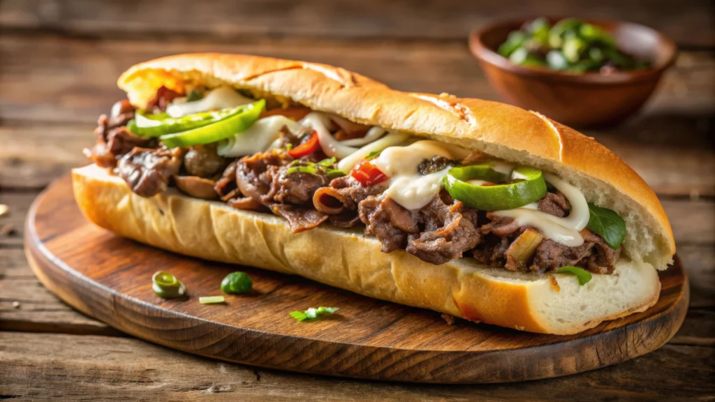 Sándwich clásico de cheesesteak de Filadelfia servido en un panecillo hoagie tostado