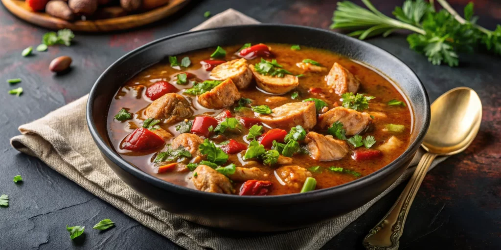 Delicious chicken and sausage gumbo soup served in a black bowl on a dark slate backdrop, traditional Louisiana Cajun cuisine with copy space