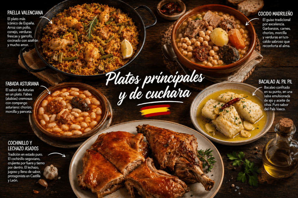 Platos principales y de cuchara: Paella valenciana Cocido madrileño Fabada asturiana Bacalao al pil pil Cochinillo y lechazo asados