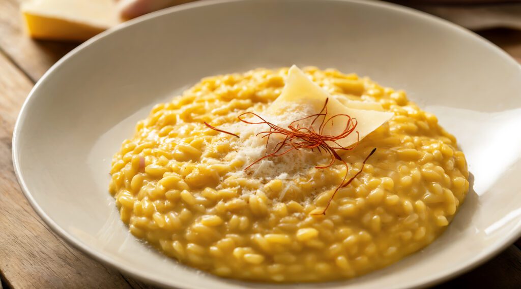 Una fotografía en primer plano de un cremoso risotto a la milanesa servido en un impecable cuenco de cerámica blanca, que resalta el característico tono amarillo dorado del plato, proveniente de hebras de azafrán de primera calidad. Los granos de arroz Arborio...