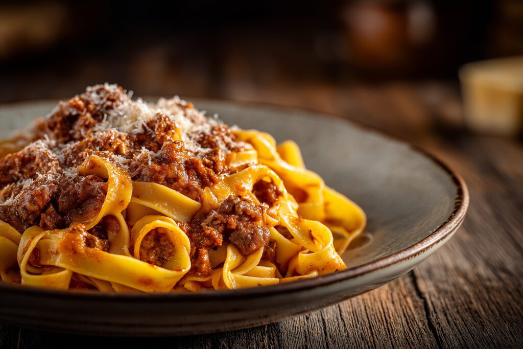 Tagliatelle al ragù a la boloñesa: una salsa de carne rica y de cocción lenta, elaborada con carne de res y de cerdo.