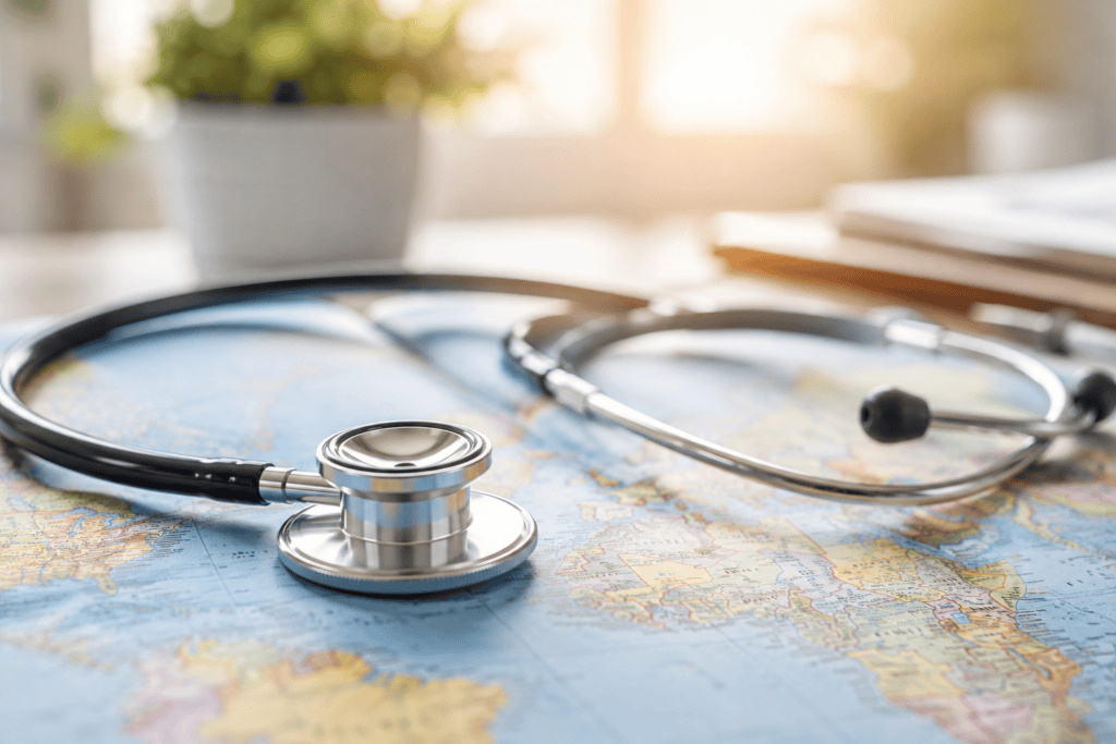 Estetoscopio sobre un mapa mundial representando la atención médica internacional en distintos destinos.