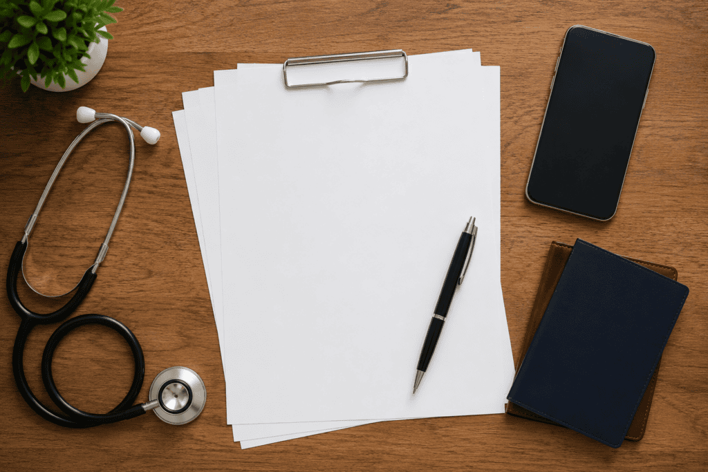 Documentos y comprobantes médicos organizados para solicitar el reintegro del seguro de viaje.