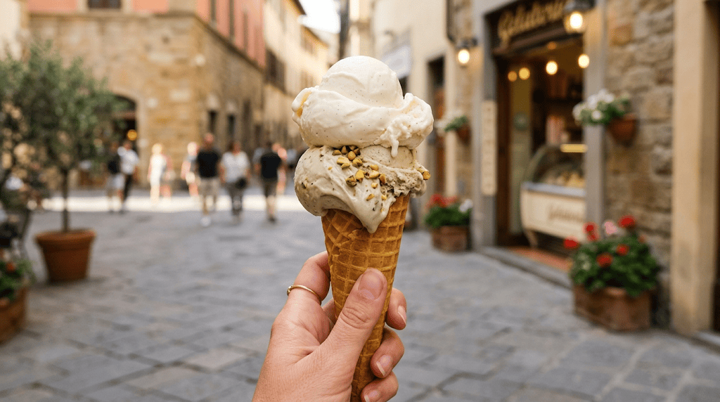Cono de helado artesanal de pistacho con colores naturales típico de la gastronomía de Italia.