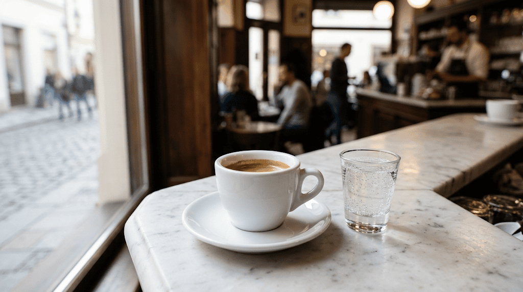 Taza de café espresso tradicional en la barra de una cafetería en Italia.