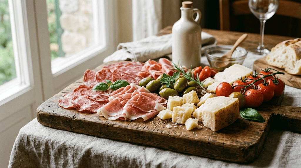 Tabla de antipasto tradicional con fiambres y quesos típicos de la gastronomía de Italia.