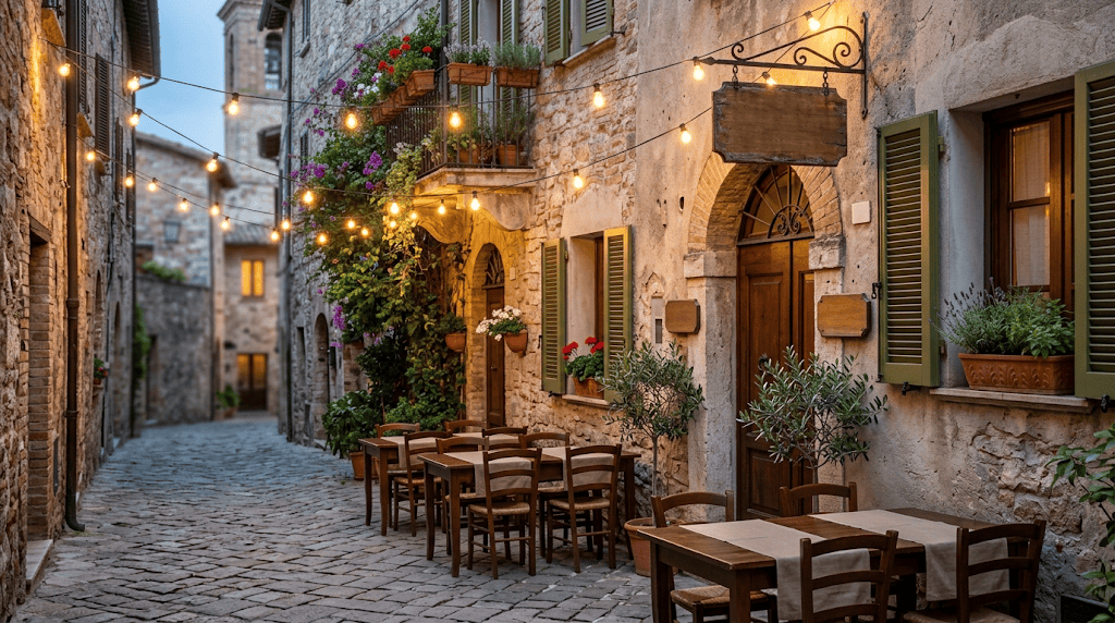 Exterior de una trattoria tradicional rústica en una calle adoquinada de Italia.