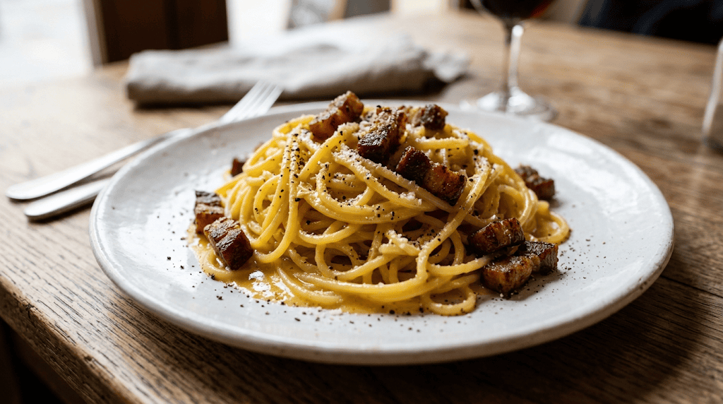Auténtica pasta carbonara italiana con salsa de yema de huevo y pimienta negra.