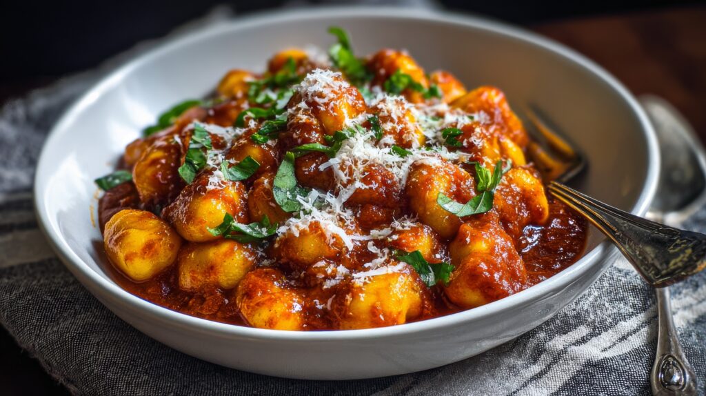 Ñoquis italianos caseros con una rica salsa de tomate; tiernas bolitas de patata adornadas con hierbas frescas. Un plato tradicional italiano reconfortante que combina lo casero con un concepto de cocina rústica gourmet.