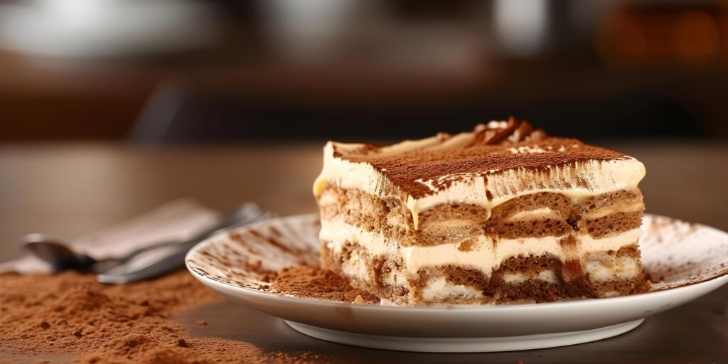 Exquisito tiramisú italiano de textura rica y cremosa. Concepto de cocina italiana, postre de tiramisú, delicias exquisitas, postres cremosos, dulces para darse un capricho.